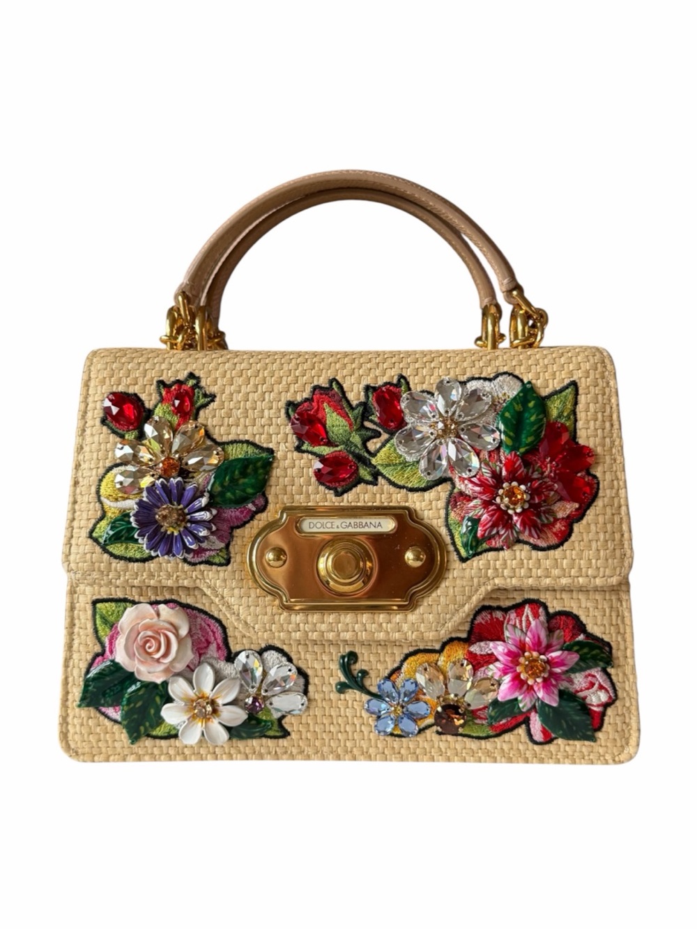Dolce & Gabbana Welcome Raffia Floral Crystal Jewel Handbag